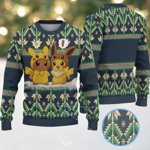 Navy Blue Ugly Christmas Sweater with Green and Beige Geometric Patterns Featuring Pokémon Pikachu and Eevee Duo