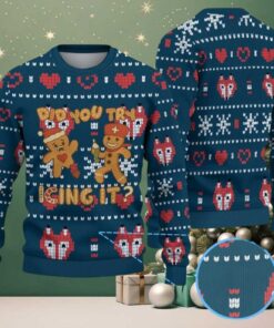 Navy Blue Ugly Christmas Sweater with Red Heart and White Snowflake Pattern Featuring Nurse Gingerbread