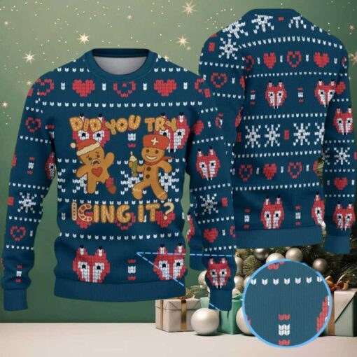 Navy Blue Ugly Christmas Sweater with Red Heart and White Snowflake Pattern Featuring Nurse Gingerbread