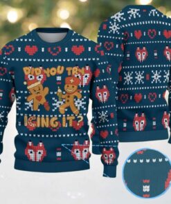 Navy Blue Ugly Christmas Sweater with Red Heart and White Snowflake Pattern Featuring Nurse Gingerbread