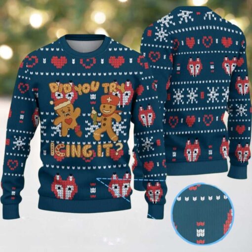 Navy Blue Ugly Christmas Sweater with Red Heart and White Snowflake Pattern Featuring Nurse Gingerbread