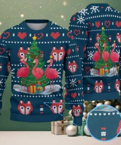 Navy Blue Ugly Christmas Sweater with Red Heart and White Snowflake Pattern Featuring Pink Flamingos and Christmas Tree