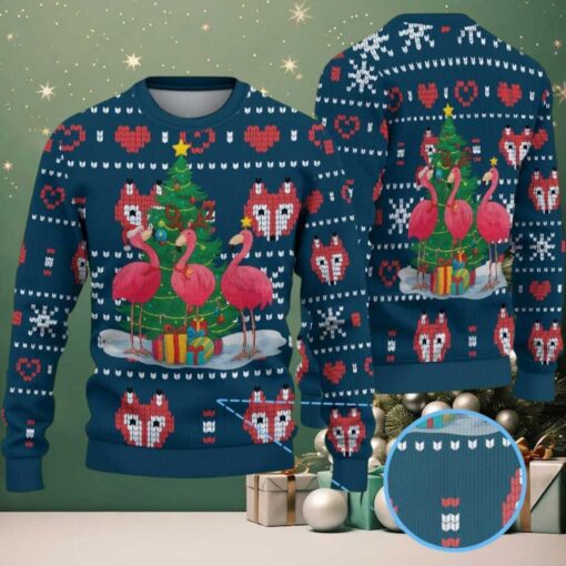 Navy Blue Ugly Christmas Sweater with Red Heart and White Snowflake Pattern Featuring Pink Flamingos and Christmas Tree