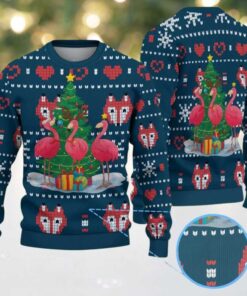 Navy Blue Ugly Christmas Sweater with Red Heart and White Snowflake Pattern Featuring Pink Flamingos and Christmas Tree