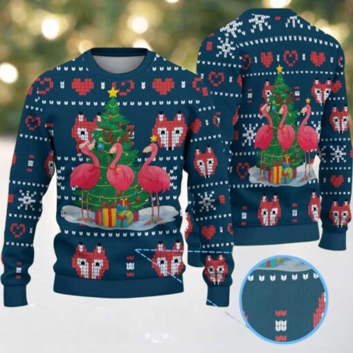 Navy Blue Ugly Christmas Sweater with Red Heart and White Snowflake Pattern Featuring Pink Flamingos and Christmas Tree