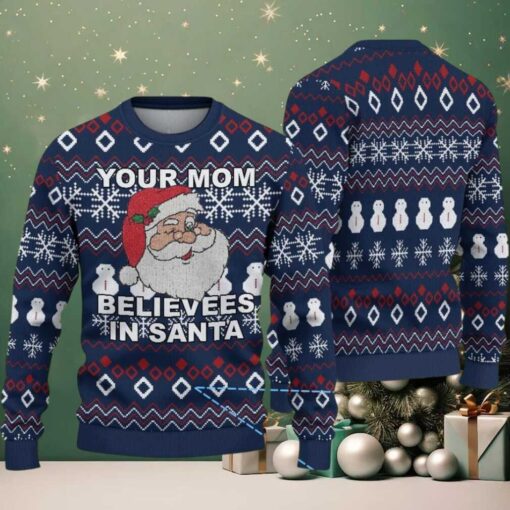 Navy Blue Ugly Christmas Sweater with Red and White Geometric Snowflake Pattern Featuring Naughty Santa “Your Mom Believes in Santa”