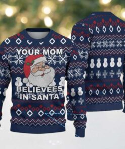 Navy Blue Ugly Christmas Sweater with Red and White Geometric Snowflake Pattern Featuring Naughty Santa “Your Mom Believes in Santa”