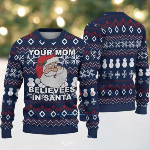 Navy Blue Ugly Christmas Sweater with Red and White Geometric Snowflake Pattern Featuring Naughty Santa “Your Mom Believes in Santa”