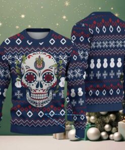 Navy Blue Ugly Christmas Sweater with Red and White Snowflake Pattern Featuring Chivas Skull Design