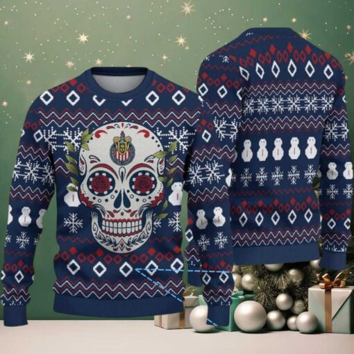Navy Blue Ugly Christmas Sweater with Red and White Snowflake Pattern Featuring Chivas Skull Design