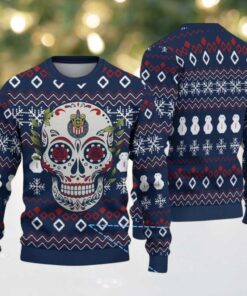 Navy Blue Ugly Christmas Sweater with Red and White Snowflake Pattern Featuring Chivas Skull Design
