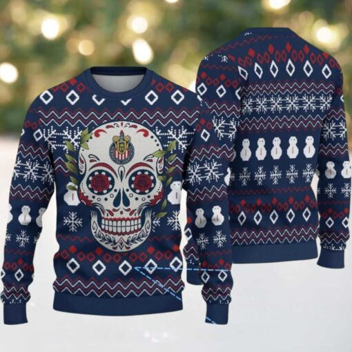 Navy Blue Ugly Christmas Sweater with Red and White Snowflake Pattern Featuring Chivas Skull Design