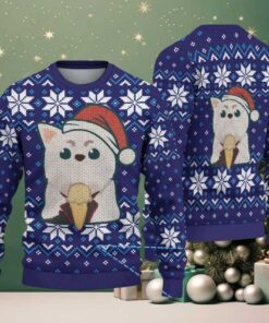 Navy Blue Ugly Christmas Sweater with White Snowflake Pattern Featuring Chivas Inspired Santa Cat Design