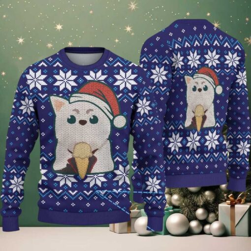 Navy Blue Ugly Christmas Sweater with White Snowflake Pattern Featuring Chivas Inspired Santa Cat Design