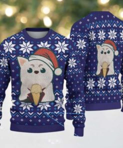Navy Blue Ugly Christmas Sweater with White Snowflake Pattern Featuring Chivas Inspired Santa Cat Design