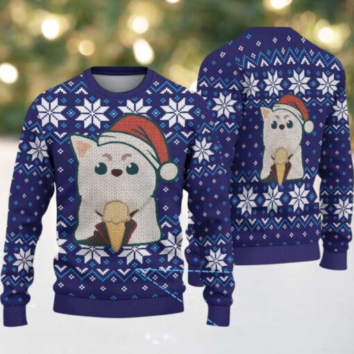 Navy Blue Ugly Christmas Sweater with White Snowflake Pattern Featuring Chivas Inspired Santa Cat Design