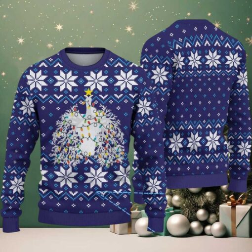 Navy Blue Ugly Christmas Sweater with White Snowflake Pattern Featuring Nurse Theme Christmas Tree with Lights