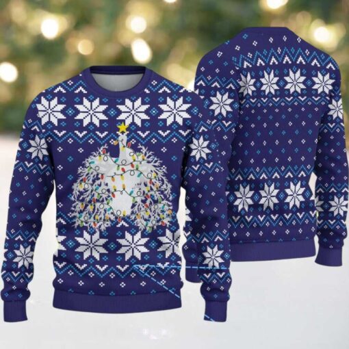 Navy Blue Ugly Christmas Sweater with White Snowflake Pattern Featuring Nurse Theme Christmas Tree with Lights