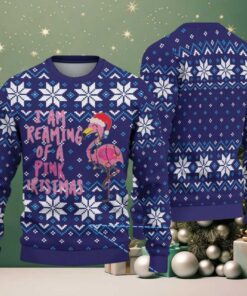 Navy Blue Ugly Christmas Sweater with White Snowflake Pattern Featuring Pink Flamingo