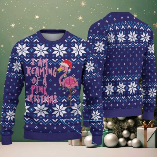 Navy Blue Ugly Christmas Sweater with White Snowflake Pattern Featuring Pink Flamingo