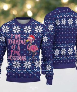 Navy Blue Ugly Christmas Sweater with White Snowflake Pattern Featuring Pink Flamingo