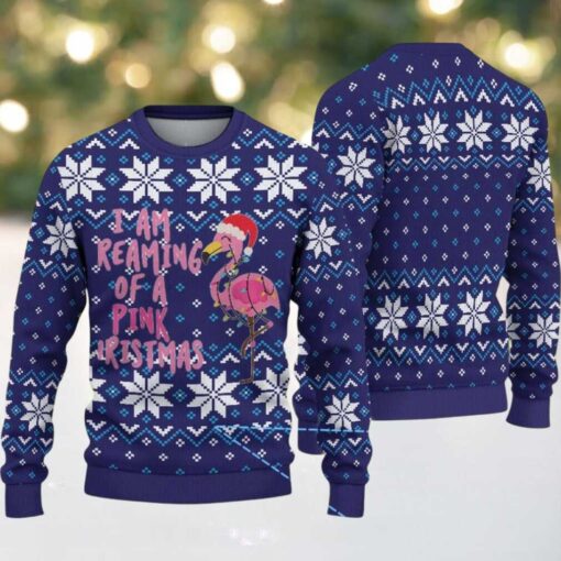 Navy Blue Ugly Christmas Sweater with White Snowflake Pattern Featuring Pink Flamingo