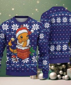 Navy Blue Ugly Christmas Sweater with White Snowflake Patterns Featuring Pokémon Charmander in Santa Hat with Chimney and Poké Ball