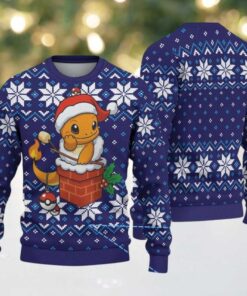 Navy Blue Ugly Christmas Sweater with White Snowflake Patterns Featuring Pokémon Charmander in Santa Hat with Chimney and Poké Ball