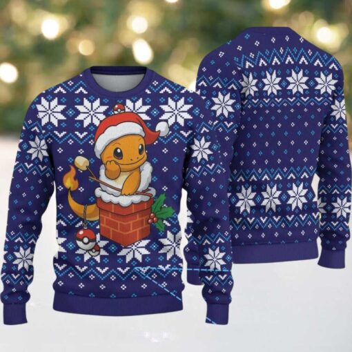 Navy Blue Ugly Christmas Sweater with White Snowflake Patterns Featuring Pokémon Charmander in Santa Hat with Chimney and Poké Ball