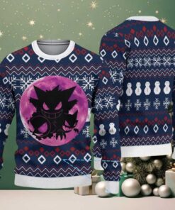 Navy Blue Ugly Christmas Sweater with White Snowflake and Red Diamond Patterns Featuring Pokémon Gengar Haunter Gastly