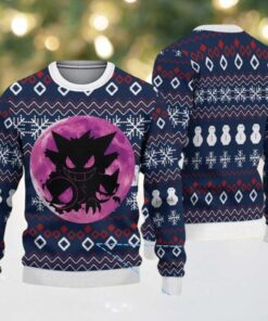 Navy Blue Ugly Christmas Sweater with White Snowflake and Red Diamond Patterns Featuring Pokémon Gengar Haunter Gastly