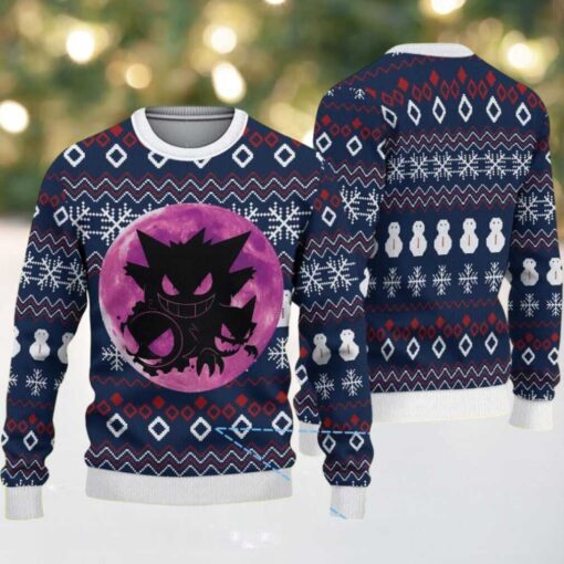 Navy Blue Ugly Christmas Sweater with White Snowflake and Red Diamond Patterns Featuring Pokémon Gengar Haunter Gastly