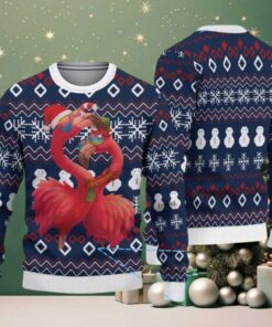 Navy Blue Ugly Christmas Sweater with White Snowflake and Snowman Pattern Featuring Pink Flamingo
