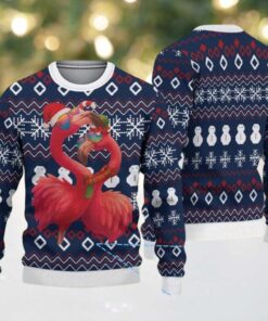Navy Blue Ugly Christmas Sweater with White Snowflake and Snowman Pattern Featuring Pink Flamingo