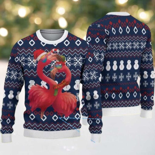 Navy Blue Ugly Christmas Sweater with White Snowflake and Snowman Pattern Featuring Pink Flamingo