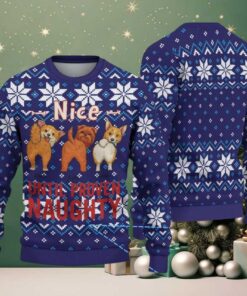 Navy Blue Ugly Christmas Sweater with White Snowflakes Featuring Cute Dogs and Naughty or Nice Quote Navy Blue Ugly Christmas Sweater with White Snowflakes Featuring Cute Dogs and Naughty or Nice Quote
