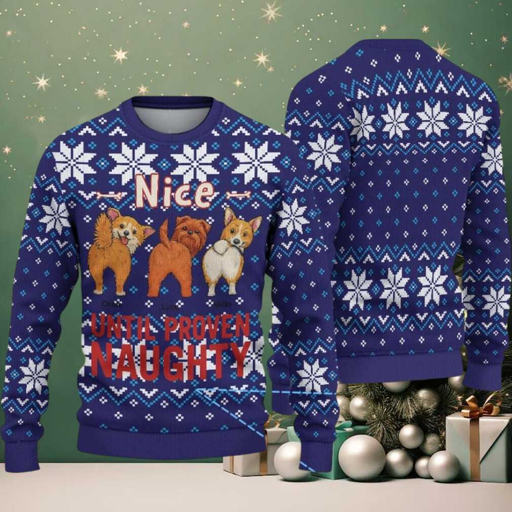 Navy Blue Ugly Christmas Sweater with White Snowflakes Featuring Cute Dogs and Naughty or Nice Quote Navy Blue Ugly Christmas Sweater with White Snowflakes Featuring Cute Dogs and Naughty or Nice Quote