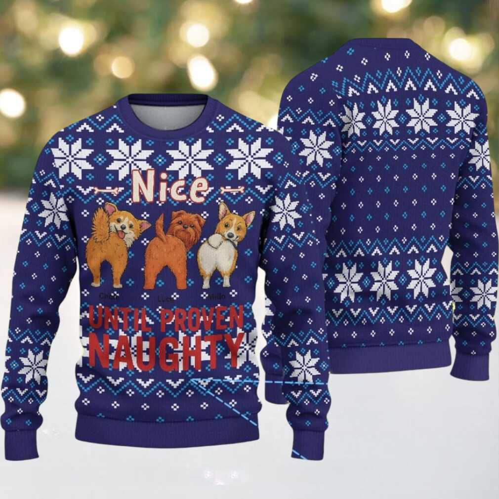 Navy Blue Ugly Christmas Sweater with White Snowflakes Featuring Cute Dogs and Naughty or Nice Quote Navy Blue Ugly Christmas Sweater with White Snowflakes Featuring Cute Dogs and Naughty or Nice Quote