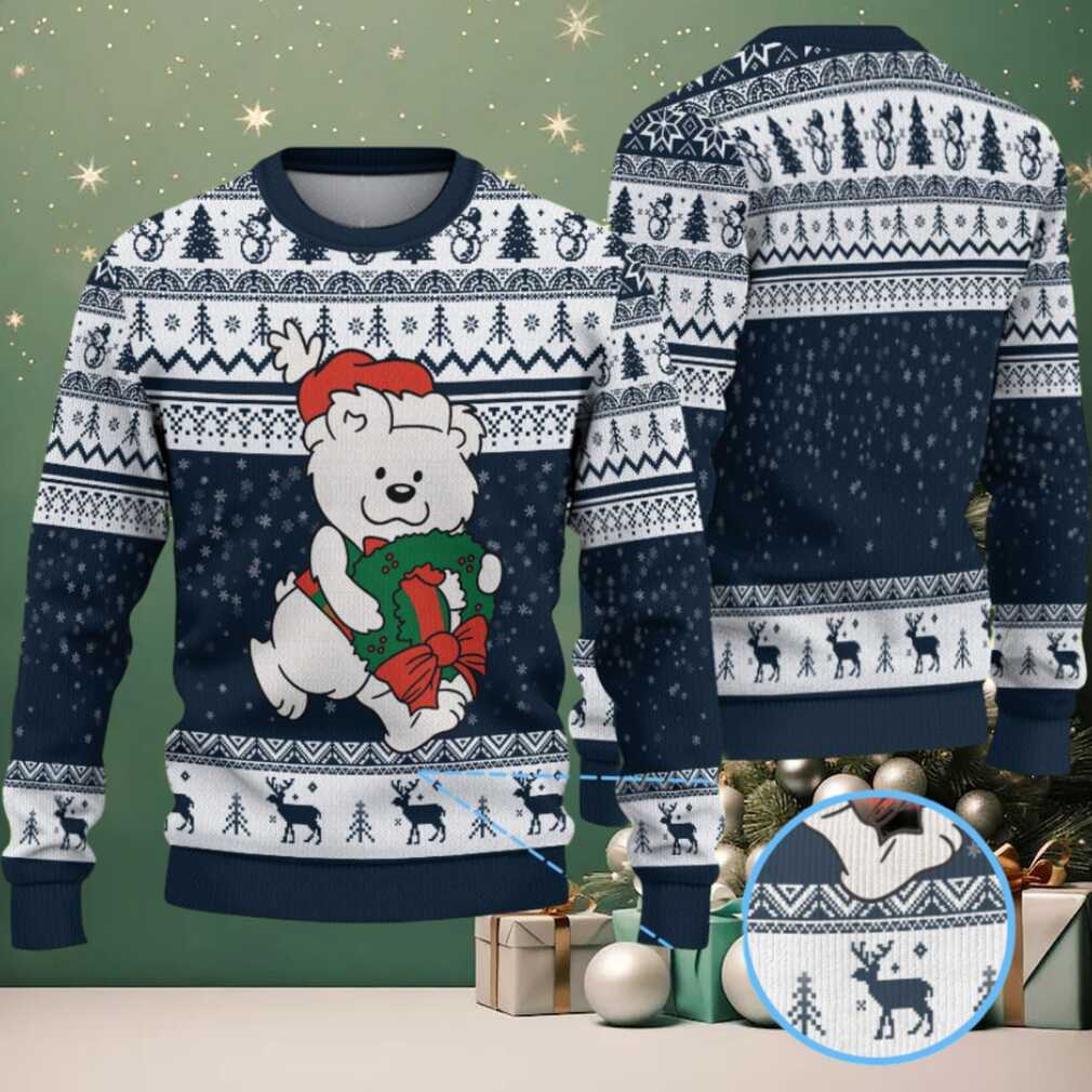 Navy Blue & White Polar Bear with Christmas Wreath Reindeer Pattern – Vintage Ugly Christmas Sweater Navy Blue & White Polar Bear with Christmas Wreath Reindeer Pattern – Vintage Ugly Christmas Sweater
