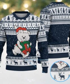 Navy Blue & White Polar Bear with Christmas Wreath Reindeer Pattern – Vintage Ugly Christmas Sweater