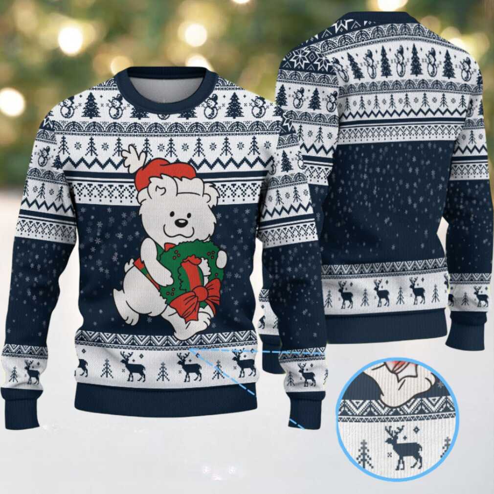 Navy Blue & White Polar Bear with Christmas Wreath Reindeer Pattern – Vintage Ugly Christmas Sweater Navy Blue & White Polar Bear with Christmas Wreath Reindeer Pattern – Vintage Ugly Christmas Sweater