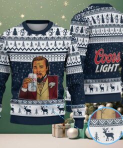 Navy Blue & White Reindeer Pattern “Leonardo Holding Coors Light” Ugly Christmas Sweater – Coors Light Edition
