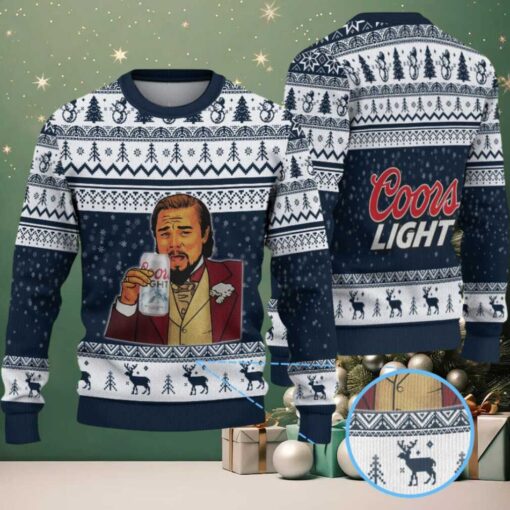 Navy Blue & White Reindeer Pattern “Leonardo Holding Coors Light” Ugly Christmas Sweater – Coors Light Edition