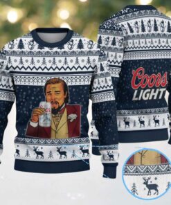 Navy Blue & White Reindeer Pattern “Leonardo Holding Coors Light” Ugly Christmas Sweater – Coors Light Edition