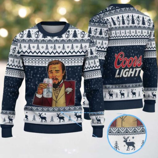 Navy Blue & White Reindeer Pattern “Leonardo Holding Coors Light” Ugly Christmas Sweater – Coors Light Edition