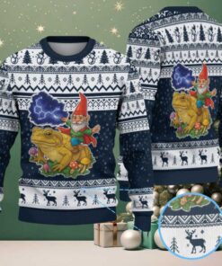 Navy Blue and White Gnome Riding Toad with Reindeer and Snowflake Pattern Vintage Ugly Christmas Sweater