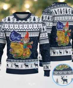 Navy Blue and White Gnome Riding Toad with Reindeer and Snowflake Pattern Vintage Ugly Christmas Sweater