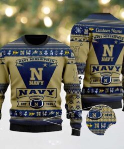 Navy Midshipmen Football Team Logo Custom Name NCAA Ugly Christmas Sweater