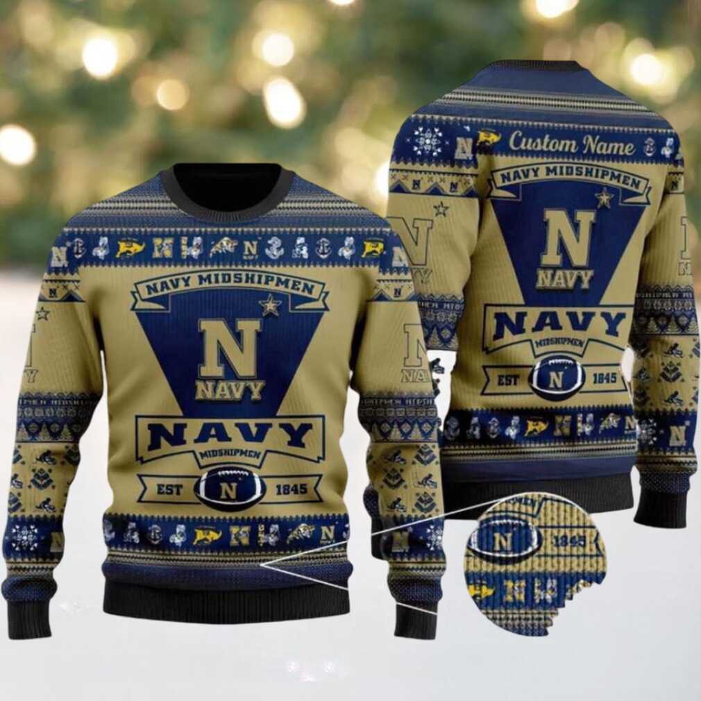 Navy Midshipmen Football Team Logo Custom Name NCAA Ugly Christmas Sweater Navy Midshipmen Football Team Logo Custom Name NCAA Ugly Christmas Sweater