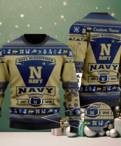 Navy Midshipmen Football Team Logo Custom Name NCAA Ugly Christmas Sweater